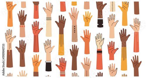 Diverse hands raised in a colorful illustrative pattern symbolizing unity and inclusion