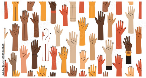 A diverse collection of hands raised in a gesture of unity and support