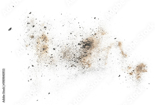 Foto Black charcoal dust and fine sand flying, gunpowder isolated on white background