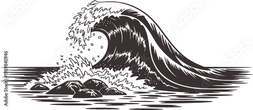 Powerful Ocean Wave Crashing Over Rocks Stylized water