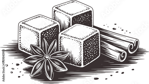 Sugar Cubes Star Anise and Cinnamon Sticks Vintage Engraving Style
