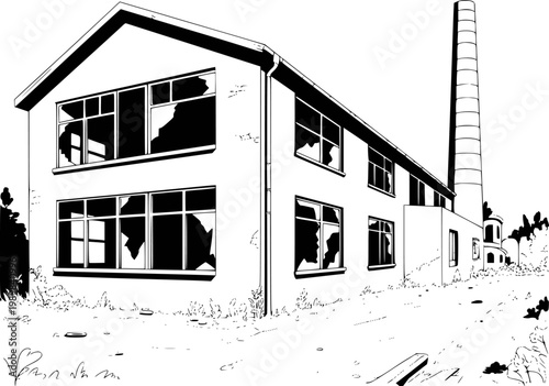 Abandoned industrial building with broken windows and tall chimney, black and white line