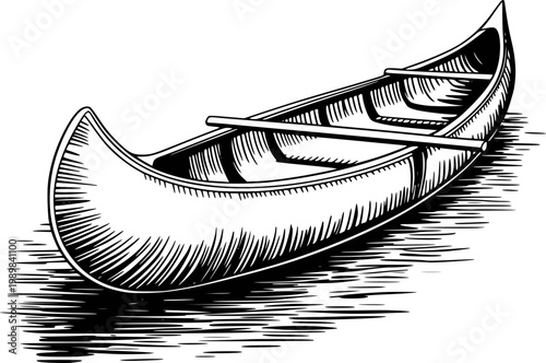 Black and white of a canoe floating water with transparent background, boat