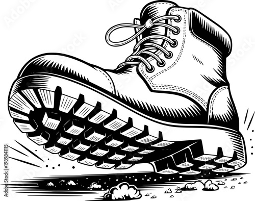 Black and white of a heavy duty work boot crushing ground shoe footwear