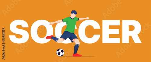 Soccer player kicking a ball with the word soccer in the background