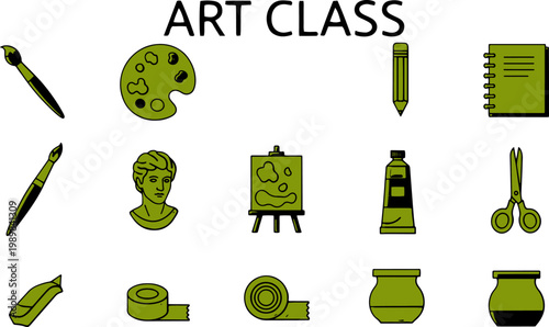 Art class supplies and tools.