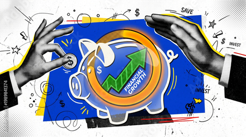 Trendy Halftone Collage Piggy bank with green arrow for Financial Growth. Hands putting coin and protecting savings. Save and Invest concept. Business finance. Contemporary vector illustrati