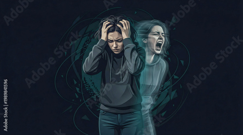 Distressed woman holding head with screaming blurred reflection representing world schizophrenia day, illustrating auditory hallucinations and severe mental health struggles.
