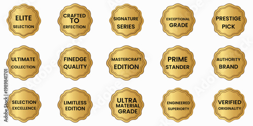 A collection of gold quality seals and badges on a white background, representing excellence and prestige.