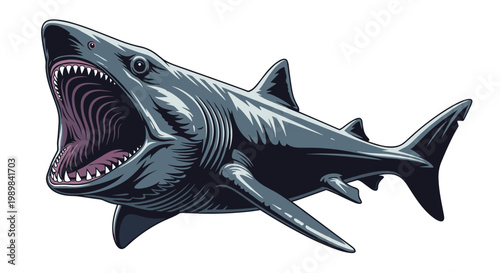Ferocious great white shark with its mouth wide open, exposing sharp teeth, captured in a powerful and aggressive illustration on white.