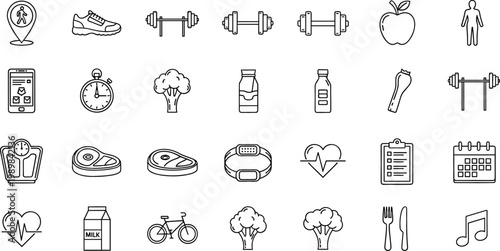 Health Fitness and Nutrition Line Icon Set Featuring Workout Exercise Equipment Healthy Food Medical Care Heart Monitoring and Active Lifestyle Outline Vector Collection