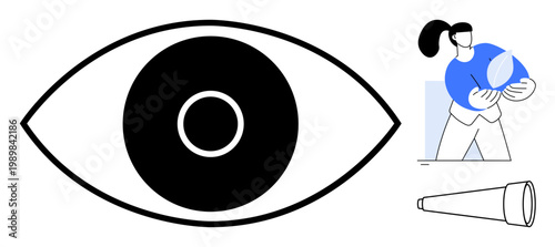 Environmental protection, sustainability, vision, ecology, observation, mindfulness. Large eye symbol alongside a woman holding a leaf icon and a telescope. Vision and environmental protection ideas