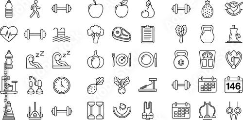 Healthy Lifestyle and Fitness Line Icon Set Featuring Nutrition Exercise Sleep Routine Medical Care Sports Activity and Wellness Outline Vector Collection