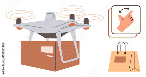 quadcopter delivery, e-commerce logistics, touchless technology, online shopping, innovation in retail, and modern solutions. A Quadcopter carrying a package, a shopping bag, and a gesture