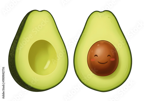 Whole and halved avocado with smiling face isolated on transparent background