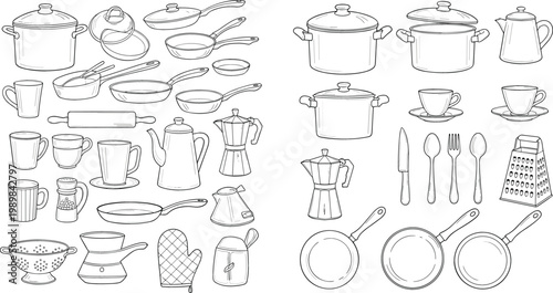 Kitchen Cookware and Utensils Line Icon Set Featuring Pots Pans Teapots Cups Cutlery Bakeware and Cooking Tools Outline Vector Collection for Culinary Design