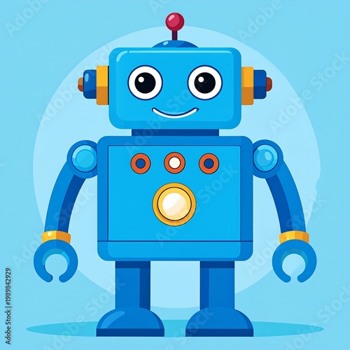 Smiling blue cartoon robot with a boxy head and body standing on light blue backdrop