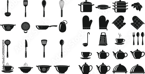 Kitchen Utensils and Cookware Solid Icon Set Featuring Cooking Tools Teapots Cups Pots Pans Cutlery and Culinary Equipment Silhouette Vector Collection