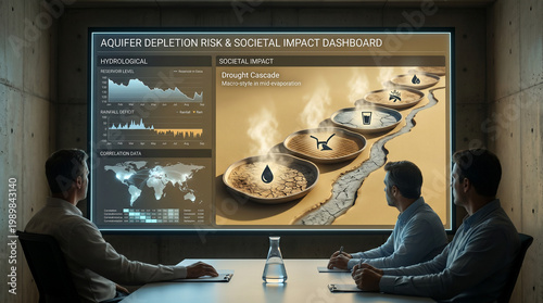 Three professional hydrologists in a concrete bunker analyzing an aquifer depletion and societal impact dashboard focusing on drought stress and water scarcity data on a large screen.