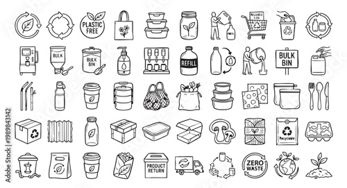 Black and white line drawing set of eco friendly products and symbols