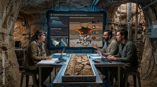 Three professional geologists working in an arid subterranean groundwater monitoring station, examining a rock core sample and data on a large digital risk dashboard.