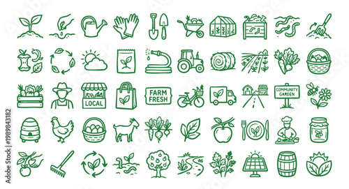 Collection of green line icons related to farming and gardening