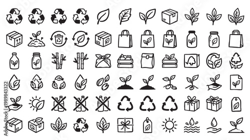 Eco friendly icons set with recycling symbols and green leaves