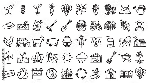 Vector illustration of various farm and agriculture icons