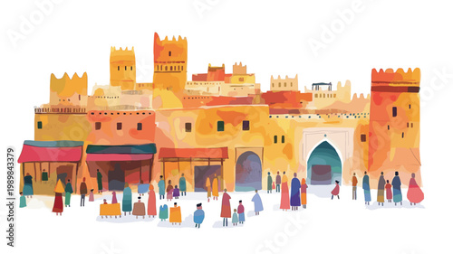 Fes el-Bali. Fes el-Bali hand drawn watercolor illustration on white background