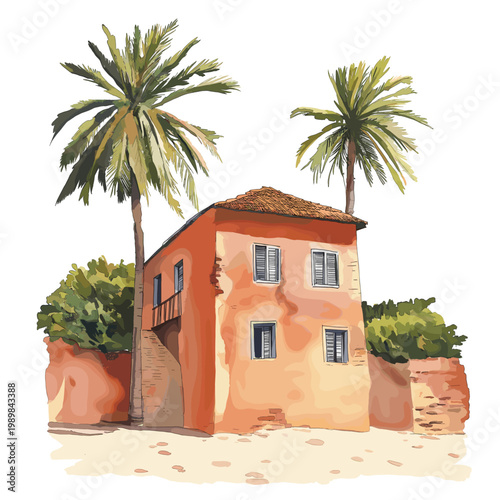 Goree Island. Goree Island hand drawn watercolor illustration on white background