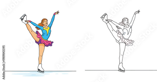 Female figure skater performing on ice. Vector illustration and black and white line art outline for coloring book page.