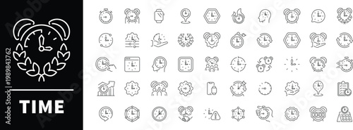 Clocks, calendars, alarms, stopwatches, and time tracking tools visualized in a precise linear style. Professional set of 50 outline icons related to time and scheduling