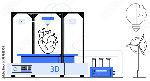 Healthcare advancements, medical technology, innovation, renewable energy, 3D printing, science applications. 3D printer creating a heart, alongside a wind turbine and lightbulb. Medical technology