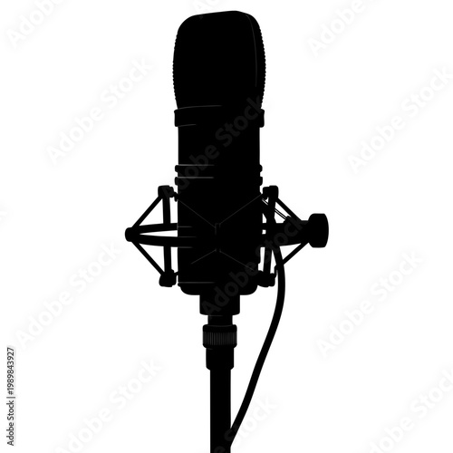 Professional studio microphone silhouette, black condenser mic vector icon, podcast and radio broadcasting equipment, vocal recording gear on white background