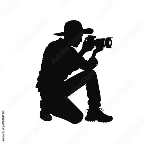 Professional photographer silhouette with camera, kneeling male cameraman taking photos, black vector icon of person with digital dslr equipment