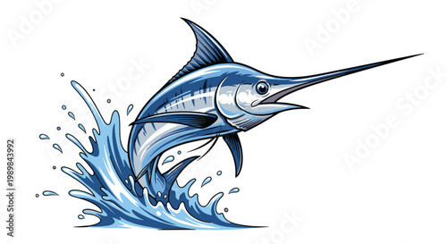 Dynamic blue marlin fish jumping powerfully out of the water, creating a splash, depicted in a vibrant illustration on white.
