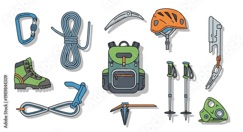 Collection of climbing and hiking gear arranged on a white background.