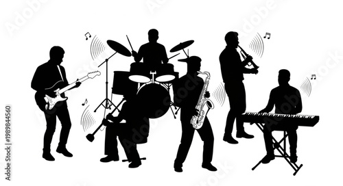 Silhouette of a jazz band playing music with instruments.