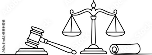 Gavel scales and scroll line representing justice law and legal proceedings