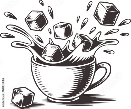 Vintage Style Ice Cubes Splashing into Coffee Cup with Dark Liquid and Water Droplets