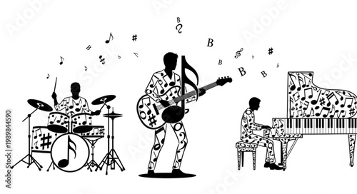 Musicians playing instruments with musical notes pattern.