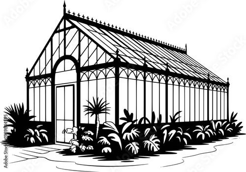 Black and white of a vintage greenhouse with lush plants and a pathway building