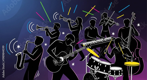 Jazz Band Performing Live Music with Instruments and Lights.