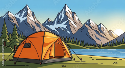 Orange camping tent set up by a serene lake with majestic snow-capped mountains in the background.