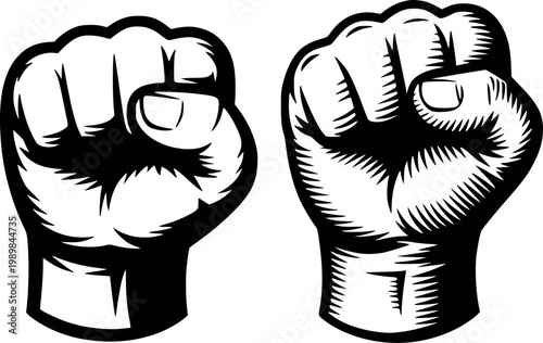 Black fist solid, hatch-shaded, isolated white power strength solidarity protest
