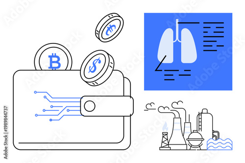 Finance, cryptocurrency, health, pollution, sustainability, technology. Digital wallet with coins, lung diagram and factory emissions. Cryptocurrency and health