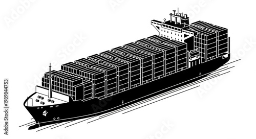 Massive cargo ship loaded with containers at sea.