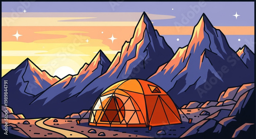 Orange tent pitched in rocky mountain landscape at sunset.