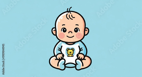 Cute cartoon baby sitting and smiling with a blue background.