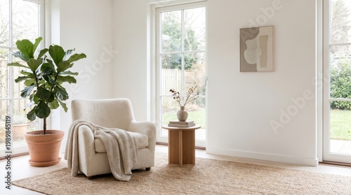 A cozy living room scene with an armchair, plant, and art.